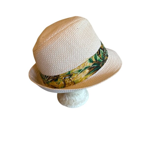 White Straw Fedora Hat With Tropical Band One Size - Picture 3 of 4